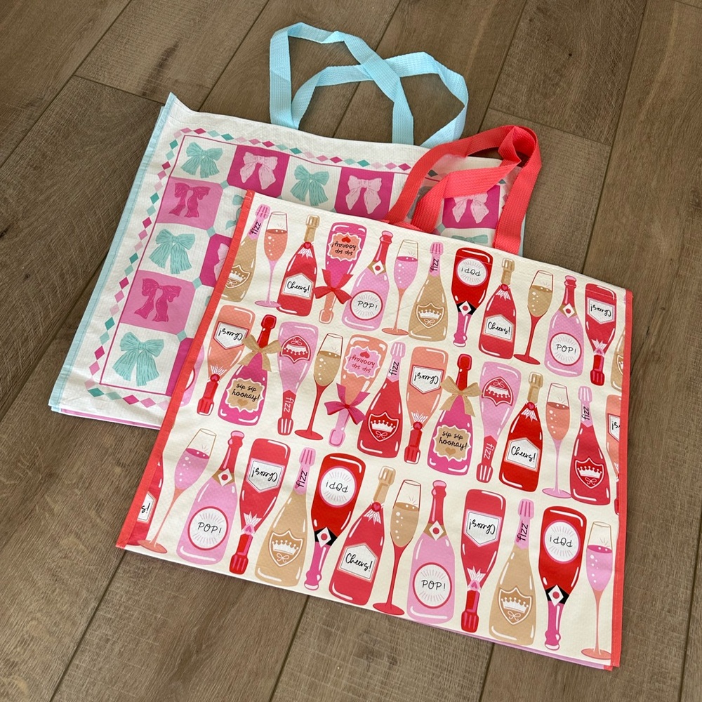 Homegoods TJMaxx Marshalls Viral Champagne & Pink Blue Bow Print Tote Bags NWOT